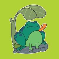 a cartoon drawing of a frog took shelter under a leaf and rested on a rock vector