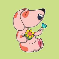 a pink dog with a flower and a butterfly on it vector