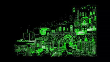 Neon frame effect Byblos Old Town, iconic medieval architecture Lebanon, glow, black background. video
