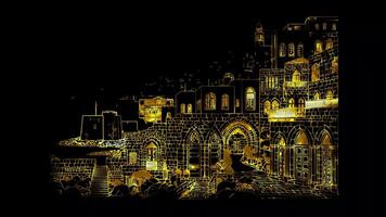 Neon frame effect Byblos Old Town, iconic medieval architecture Lebanon, glow, black background. video