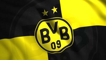 The symbol of the football team in the form of a flag.Motion.Professional German football club from the city of Dortmund depicted on the canvas.Use only for editorial. video