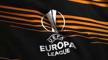 Close up of The UEFA Europa League UEL flag. Motion. Emblem of a football club, rippling cloth, seamless loop. For editorial use only. video