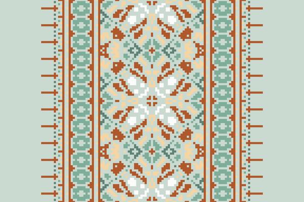 Pixel Cross Stitch pattern with Floral Designs. Traditional cross stitch needlework. Geometric Ethnic pattern, Embroidery, Textile ornamentation, fabric, Hand stitched pattern, Cultural stitching