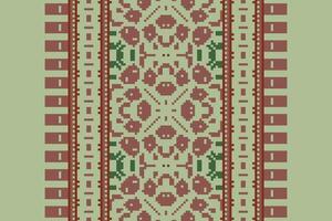 Pixel Cross Stitch pattern with Floral Designs. Traditional cross stitch needlework. Geometric Ethnic pattern, Embroidery, Textile ornamentation, fabric, Hand stitched pattern, Cultural stitching vector