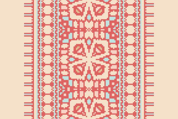 Pixel Cross Stitch pattern with Floral Designs. Traditional cross stitch needlework. Geometric Ethnic pattern, Embroidery, Textile ornamentation, fabric, Hand stitched pattern, Cultural stitching