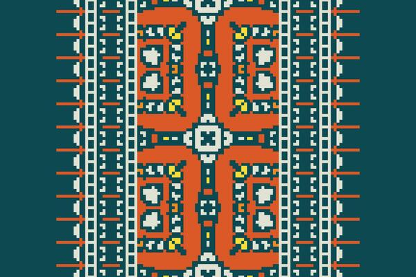 Pixel Cross Stitch pattern with Floral Designs. Traditional cross stitch needlework. Geometric Ethnic pattern, Embroidery, Textile ornamentation, fabric, Hand stitched pattern, Cultural stitching