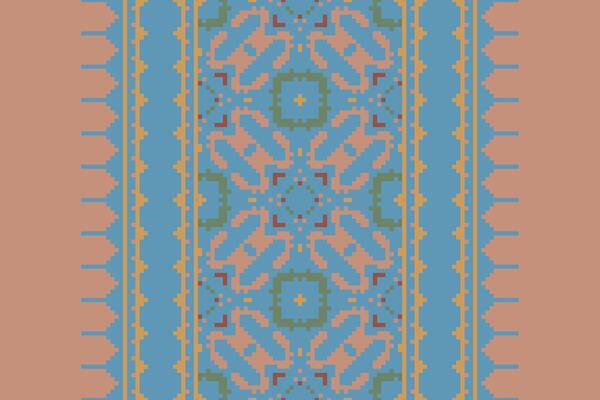 Pixel Cross Stitch pattern with Floral Designs. Traditional cross stitch needlework. Geometric Ethnic pattern, Embroidery, Textile ornamentation, fabric, Hand stitched pattern, Cultural stitching