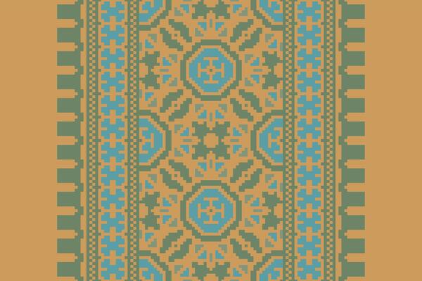 Pixel Cross Stitch pattern with Floral Designs. Traditional cross stitch needlework. Geometric Ethnic pattern, Embroidery, Textile ornamentation, fabric, Hand stitched pattern, Cultural stitching