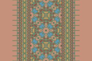 Pixel Cross Stitch pattern with Floral Designs. Traditional cross stitch needlework. Geometric Ethnic pattern, Embroidery, Textile ornamentation, fabric, Hand stitched pattern, Cultural stitching vector