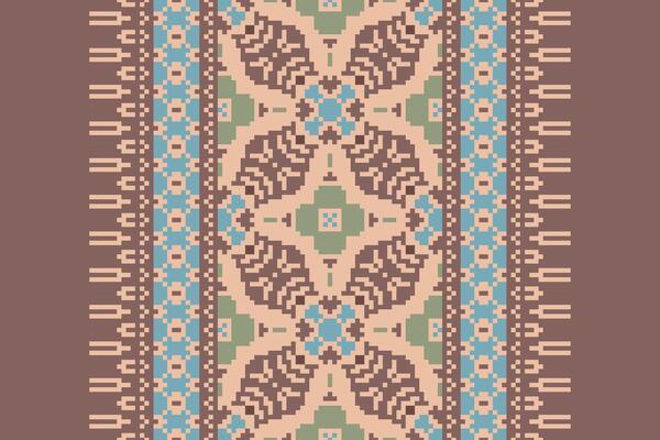 Pixel Cross Stitch pattern with Floral Designs. Traditional cross stitch needlework. Geometric Ethnic pattern, Embroidery, Textile ornamentation, fabric, Hand stitched pattern, Cultural stitching
