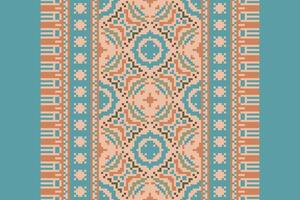 Pixel Cross Stitch pattern with Floral Designs. Traditional cross stitch needlework. Geometric Ethnic pattern, Embroidery, Textile ornamentation, fabric, Hand stitched pattern, Cultural stitching vector