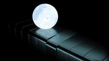 Glowing 3d ball rolls on surface. Design. Model of moon is rolling on dark surface. Bright glowing ball moves along rotating squares video
