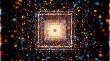 Dark background. Motion. Bright large squares in abstraction fly forward next to bright shiny particles . video