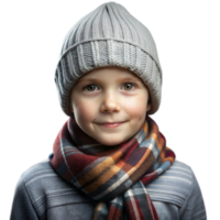 Smiling child in winter hat and colorful scarf on transparent background png