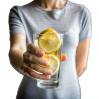 Hand holding glass of water with lemon slices on transparent background png