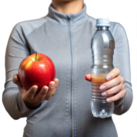Person holding a red apple and a bottled drink on a transparent background png