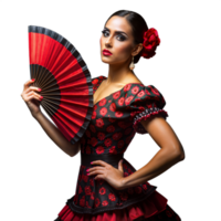 elegant kvinna i traditionell spanska klänning innehav en röd fläkt png