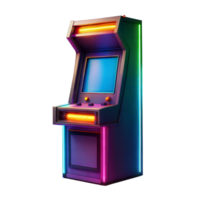 Retro arcade game machine with neon lights on transparent background png