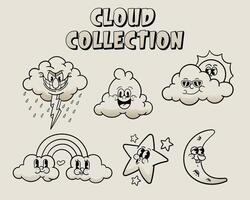 set bundle retro cartoon clouds no color illustration vector