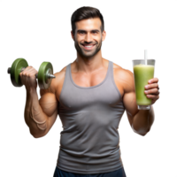 Fit man with dumbbell and green smoothie on transparent background png