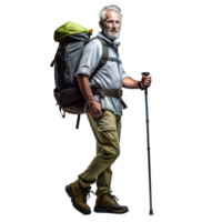 anziano uomo escursioni a piedi con zaino e a piedi bastone su trasparente sfondo png