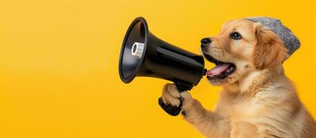 Little dog announcing using megaphone. Notifying, warning, announcement. photo