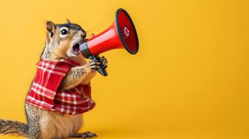 Squirrel announcing using megaphone. Notifying, warning, announcement. photo