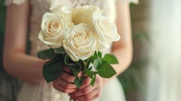 White rose bouquet in the hands of a beautiful girl photo