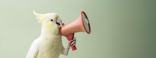 Parrot bird announcing using megaphone. Notifying, warning, announcement. photo