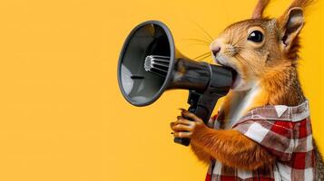 Squirrel announcing using megaphone. Notifying, warning, announcement. photo