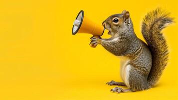 Squirrel announcing using megaphone. Notifying, warning, announcement. photo