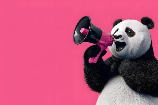 Panda announcing using megaphone. Notifying, warning, announcement. photo