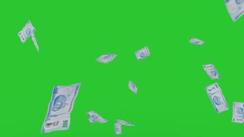 Money rain. 500 dirham UEA banknotes money falling down. Uni Emirates Arab currency. 3D render. Animation. paper money bills falling. Business and finance video