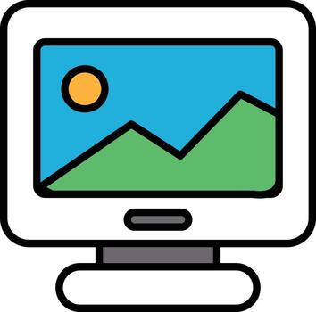 A computer monitor with a picture of mountains on it vector
