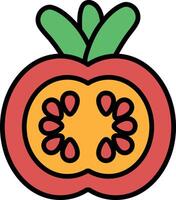 A cartoon drawing of a tomato with a green stem and leaves vector