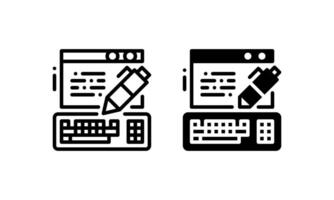 Copywriting icons, represented Web page, pencil and keyboard. With outline, glyph or solid style vector