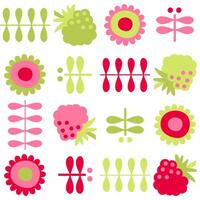 Geometric aesthetic pattern with daisy flowers, raspberries and dragonflies. Psychedelic print for paper, textile and fabric. Hand drawn geometric background. vector