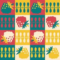 Simple retro pattern with daisy flowers and raspberries. Summer print for pillow, blanket, textile and fabric. Hand drawn floral background. vector