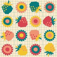 Groovy seamless pattern with daisy flowers and raspberries on grid distorted background. Hippie aesthetic print for fabric, paper, textile. Hand drawn illustration. vector