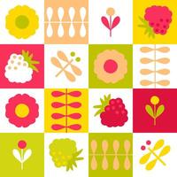 Summer pattern with flowers, raspberries and dragonflies in geometric style. Aesthetic print for paper, textile and fabric. Hand drawn background. vector
