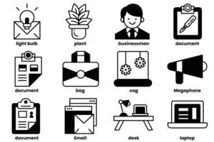 A collection of icons for various office items, including a laptop, a desk vector