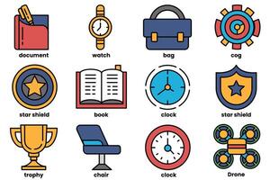 A collection of icons for various items such as a watch, book, and bag vector