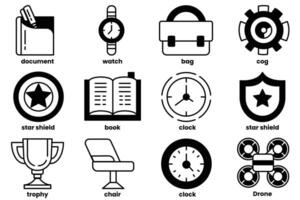 A collection of icons for various items such as a watch, book, and bag vector