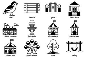A series of black and white icons of various buildings and structures vector