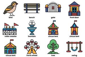 A series of black and white icons of various buildings and structures vector