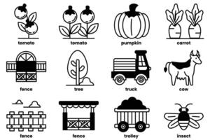 The image is a collection of farm-related icons, including a tractor, a cow vector