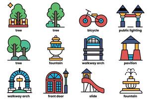 The image is a collection of various cityscape elements, including trees vector