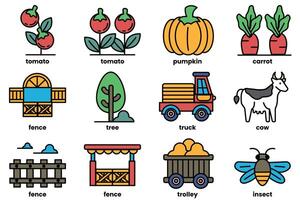 The image is a collection of farm-related icons, including a tractor, a cow vector