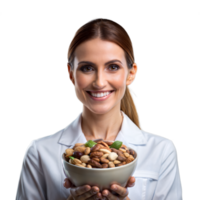Smiling woman holding a bowl of mixed nuts on transparent background png