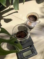 there is a coffee pot and a cup on a scale photo